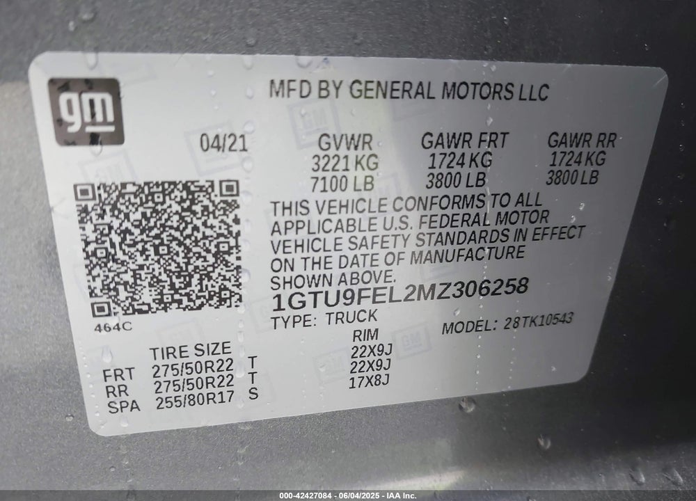 2021 GMC SIERRA 1500 VIN: 1GTU9FEL2MZ306258