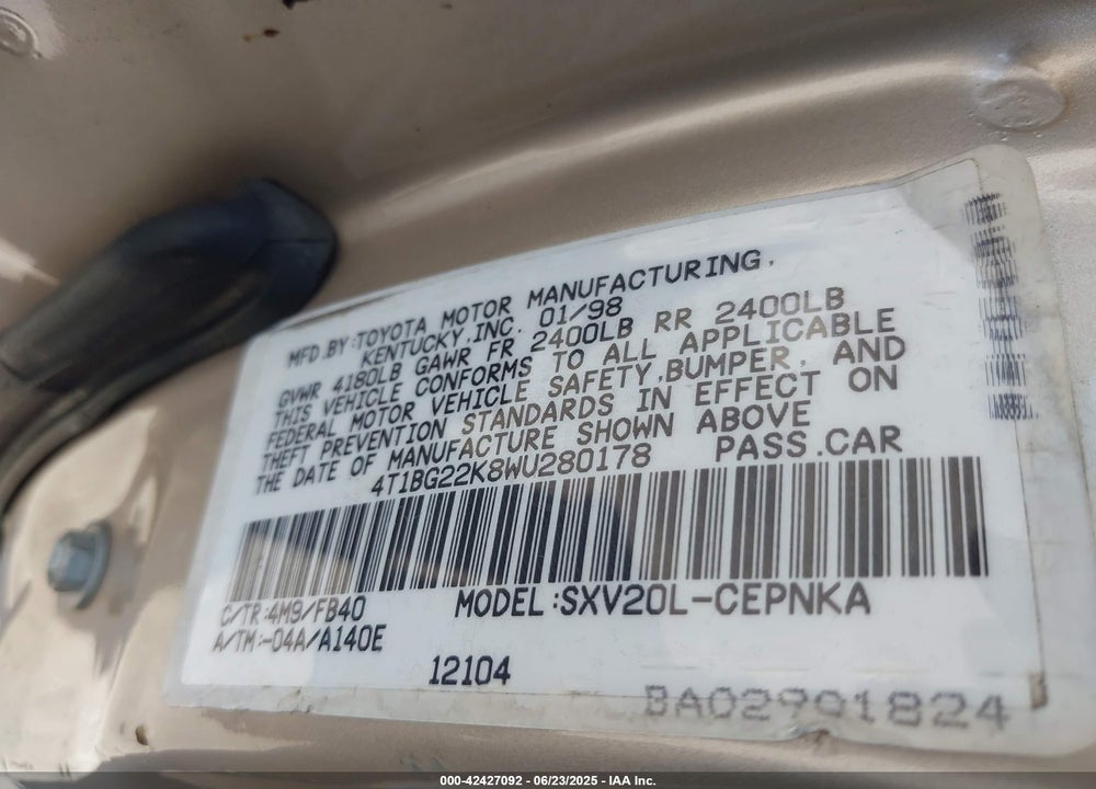 1998 TOYOTA CAMRY VIN: 4T1BG22K8WU280178
