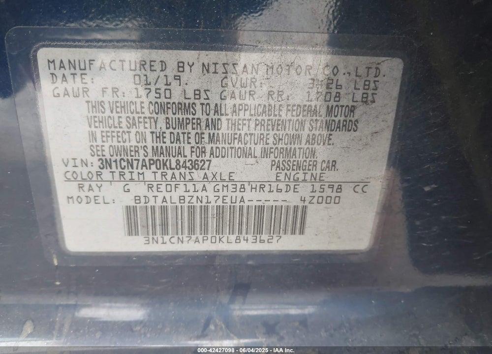 2019 NISSAN VERSA VIN: 3N1CN7AP0KL843627