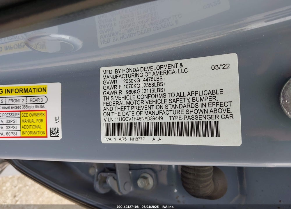 2022 HONDA ACCORD VIN: 1HGCV1F46NA039449