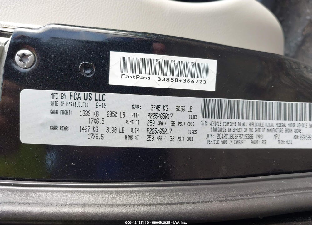 2015 CHRYSLER TOWN & COUNTRY TOURING VIN: 2C4RC1BG9FR715386