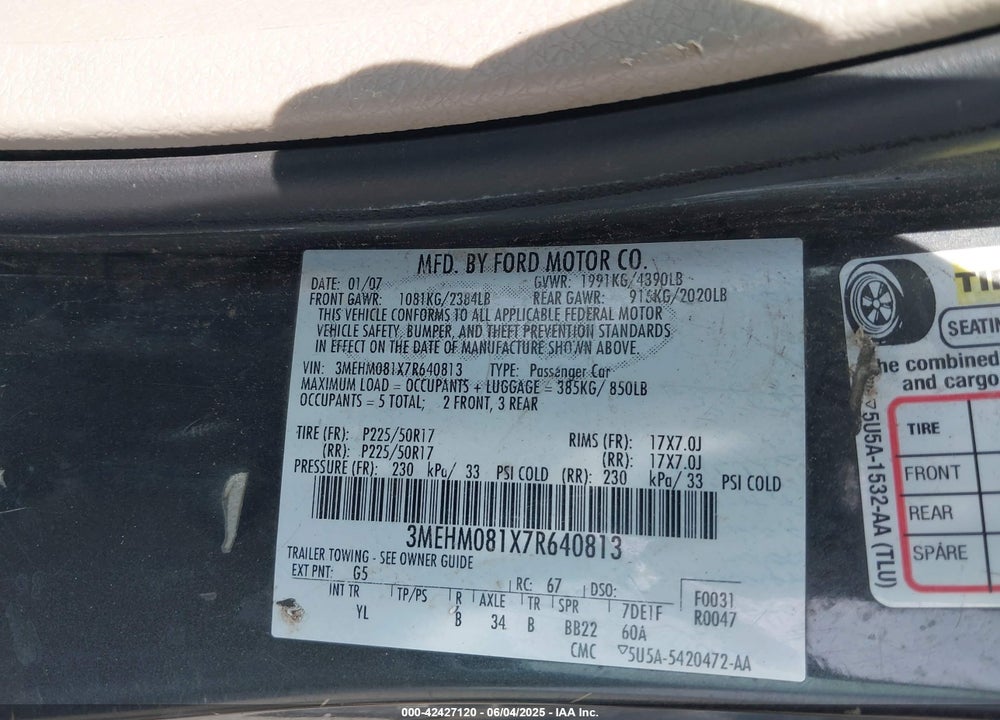 2007 MERCURY MILAN V6 PREMIER VIN: 3MEHM081X7R640813
