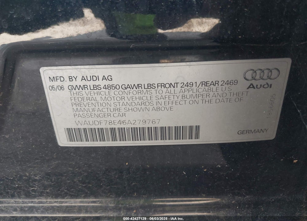 2006 AUDI A4 2.0T VIN: WAUDF78E46A279767