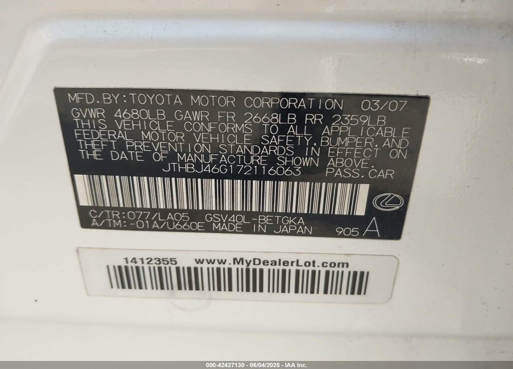 2007 LEXUS ES 350 VIN: JTHBJ46G172116063