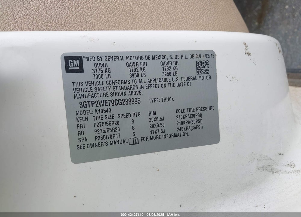 2012 GMC SIERRA 1500 VIN: 3GTP2WE79CG238995
