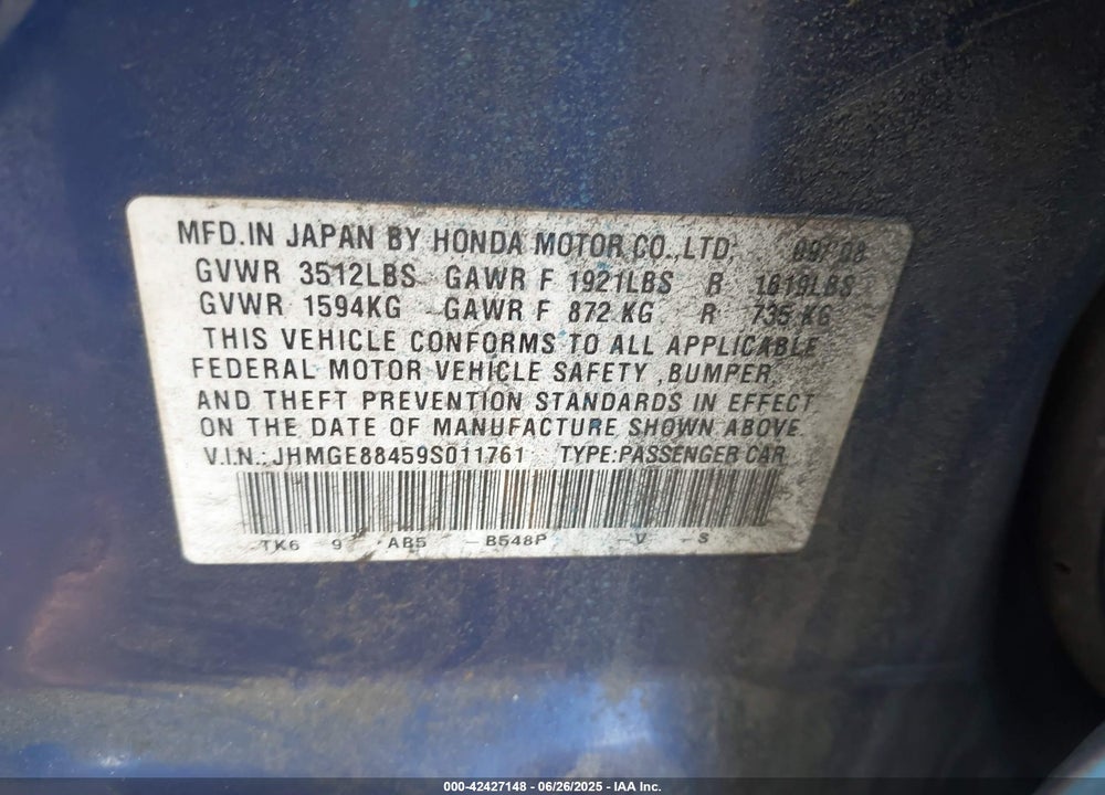 2009 HONDA FIT VIN: JHMGE88459S011761
