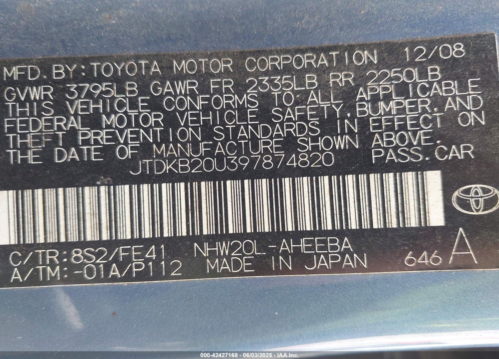 2009 TOYOTA PRIUS VIN: JTDKB20U397874820
