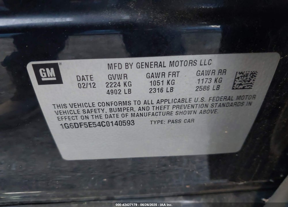 2012 CADILLAC CTS LUXURY VIN: 1G6DF5E54C0140593