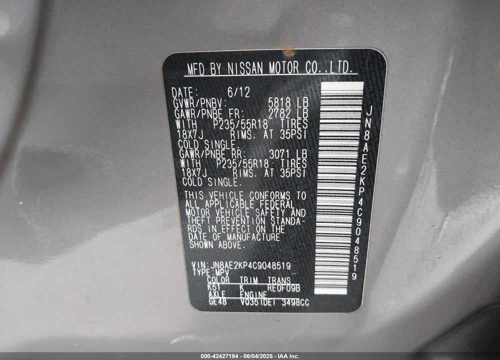 2012 NISSAN QUEST LE VIN: JN8AE2KP4C9048519
