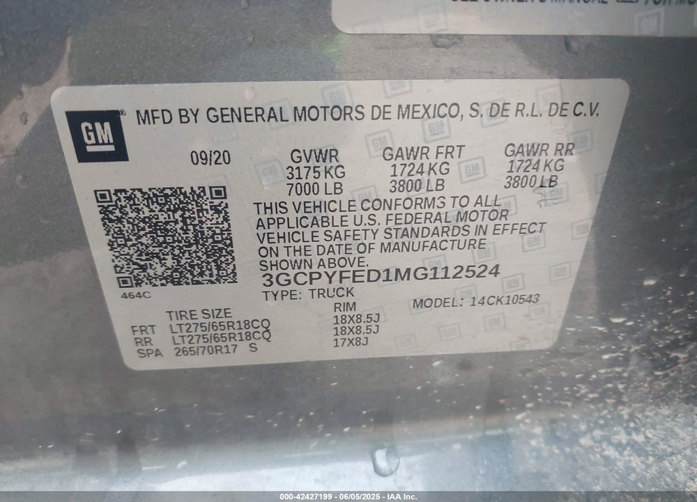 2021 CHEVROLET SILVERADO 1500 VIN: 3GCPYFED1MG112524