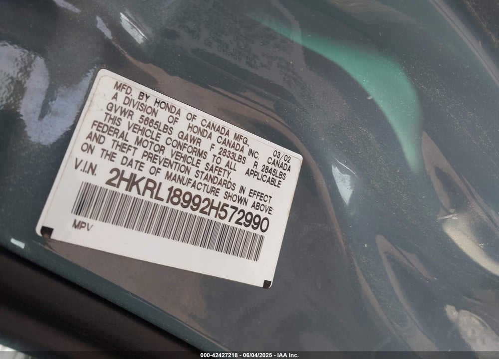 2002 HONDA ODYSSEY VIN: 2HKRL18992H572990