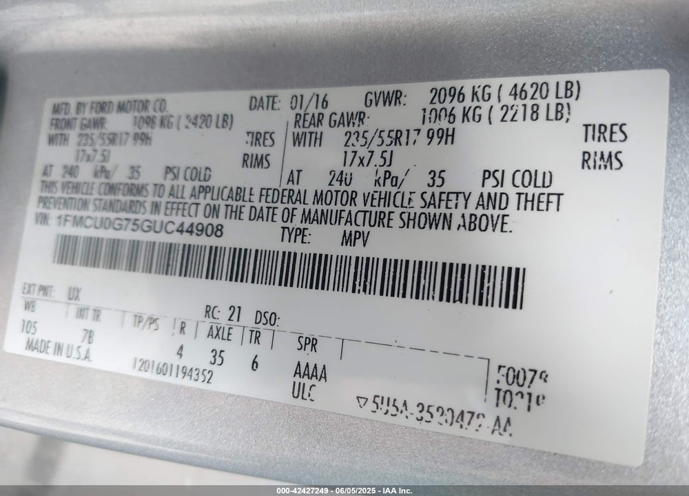 2016 FORD ESCAPE SE VIN: 1FMCU0G75GUC44908