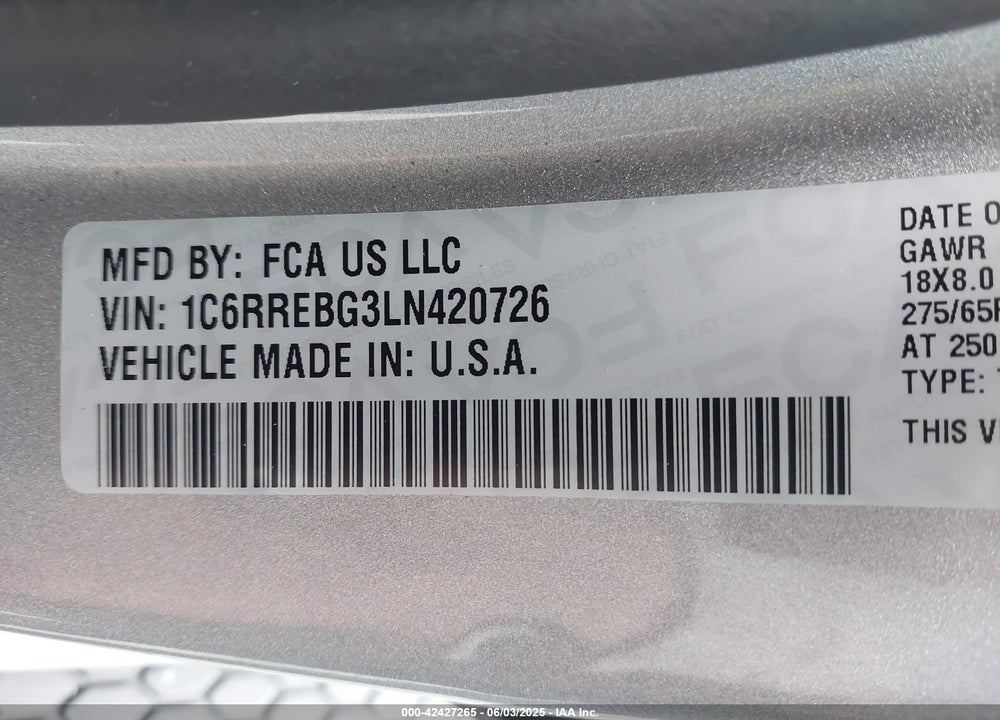 2020 RAM 1500 VIN: 1C6RREBG3LN420726