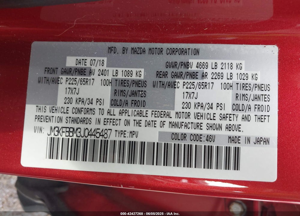 2018 MAZDA CX-5 VIN: JM3KFBBM3J0445487
