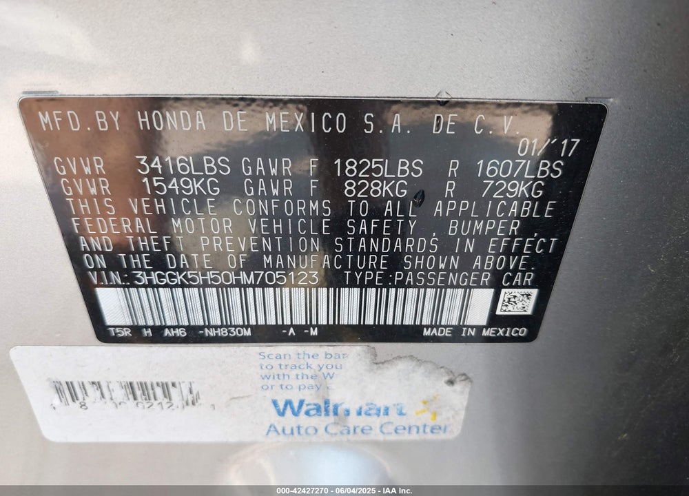 2017 HONDA FIT VIN: 3HGGK5H50HM705123