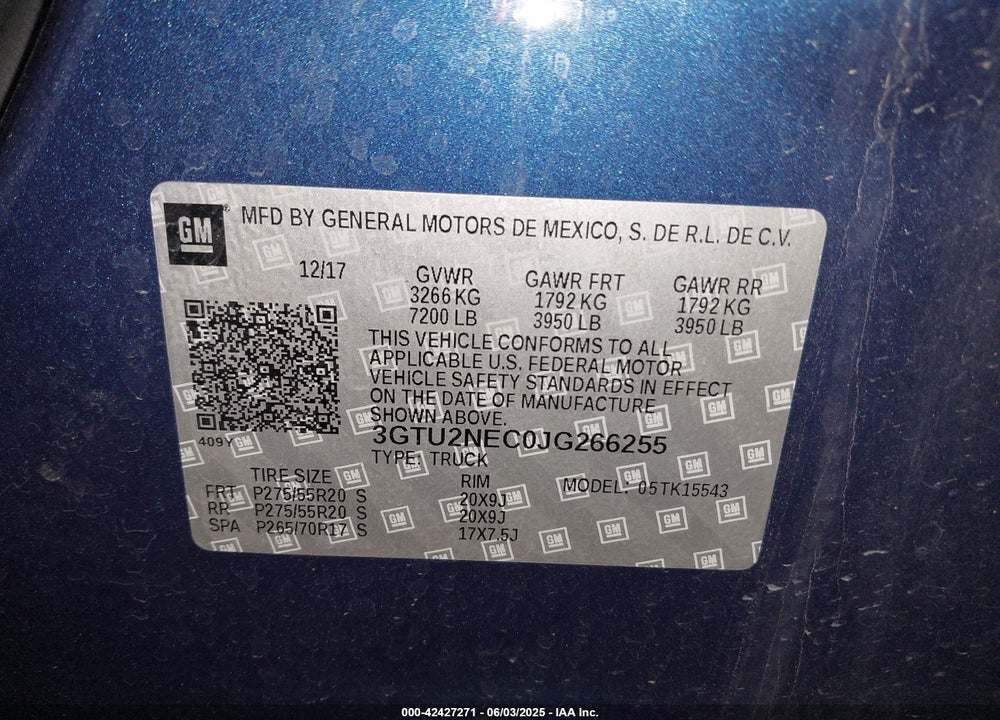 2018 GMC SIERRA 1500 VIN: 3GTU2NEC0JG266255