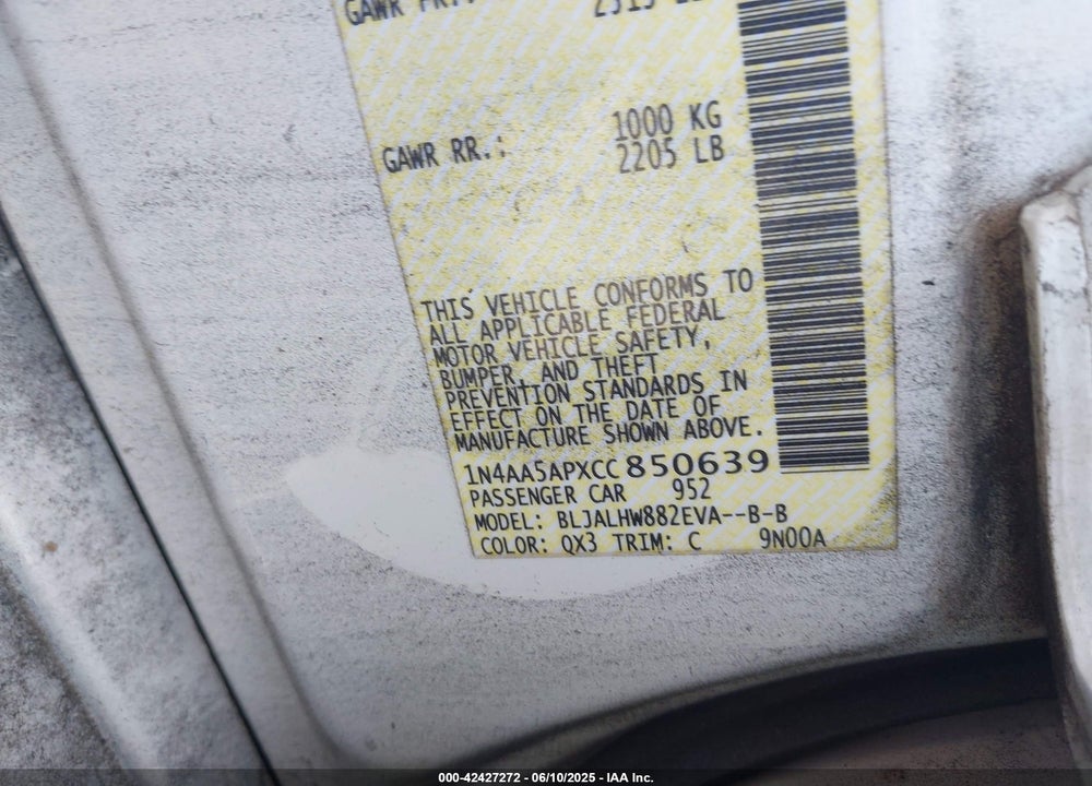 2012 NISSAN MAXIMA VIN: 1N4AA5APXCC850639