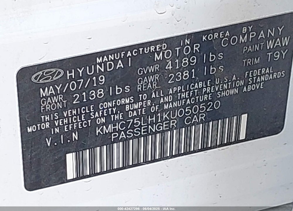 2019 HYUNDAI IONIQ ELECTRIC VIN: KMHC75LH1KU050520
