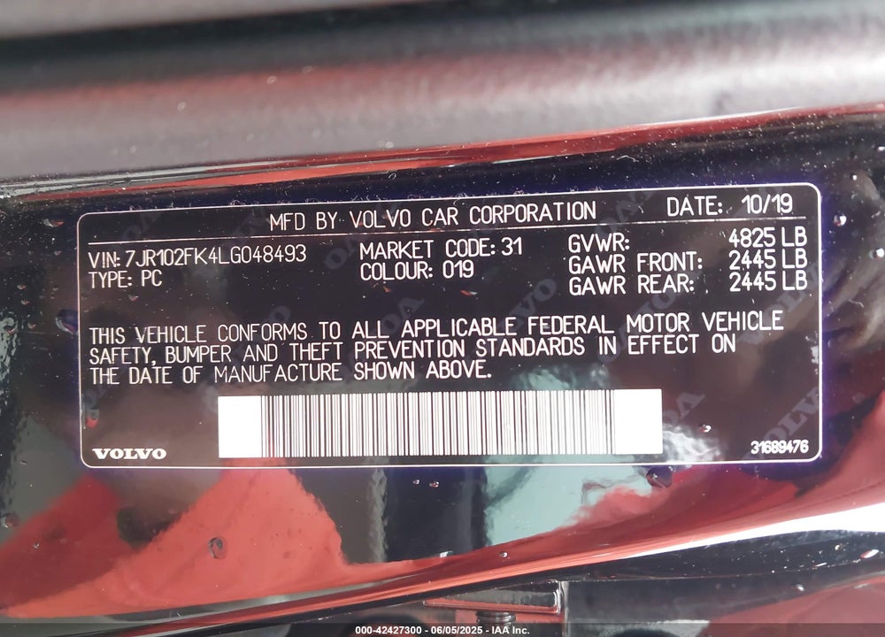 2020 VOLVO S60 VIN: 7JR102FK4LG048493