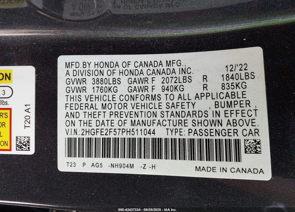 2023 HONDA CIVIC VIN: 2HGFE2F57PH511044