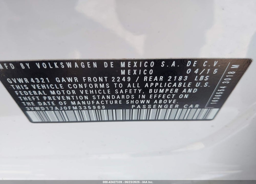 2015 VOLKSWAGEN JETTA 1.8T SE VIN: 3VWD17AJ0FM335969