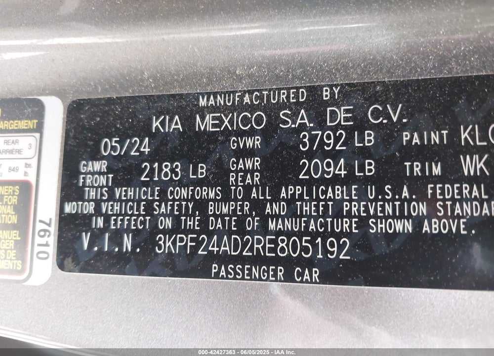 2024 KIA FORTE VIN: 3KPF24AD2RE805192