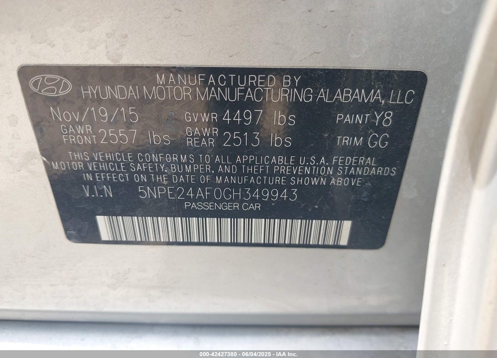 2016 HYUNDAI SONATA VIN: 5NPE24AF0GH349943