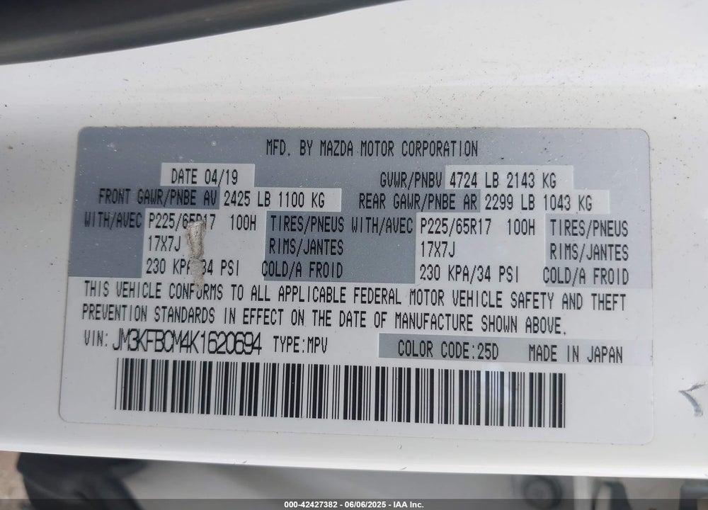 2019 MAZDA CX-5 VIN: JM3KFBCM4K1620694