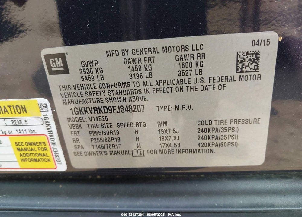 2015 GMC ACADIA VIN: 1GKKVRKD9FJ348207