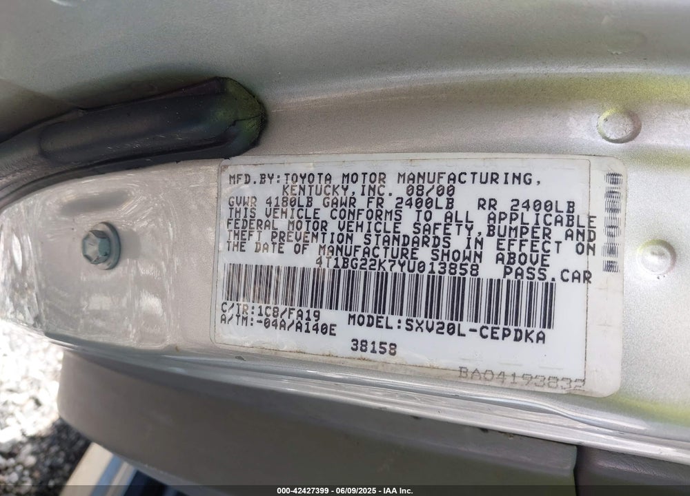 2000 TOYOTA CAMRY CE/LE/XLE VIN: 4T1BG22K7YU013858