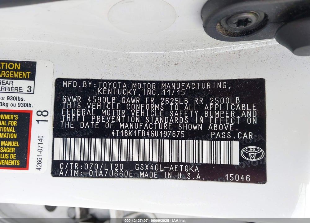 2016 TOYOTA AVALON TOURING VIN: 4T1BK1EB4GU197675