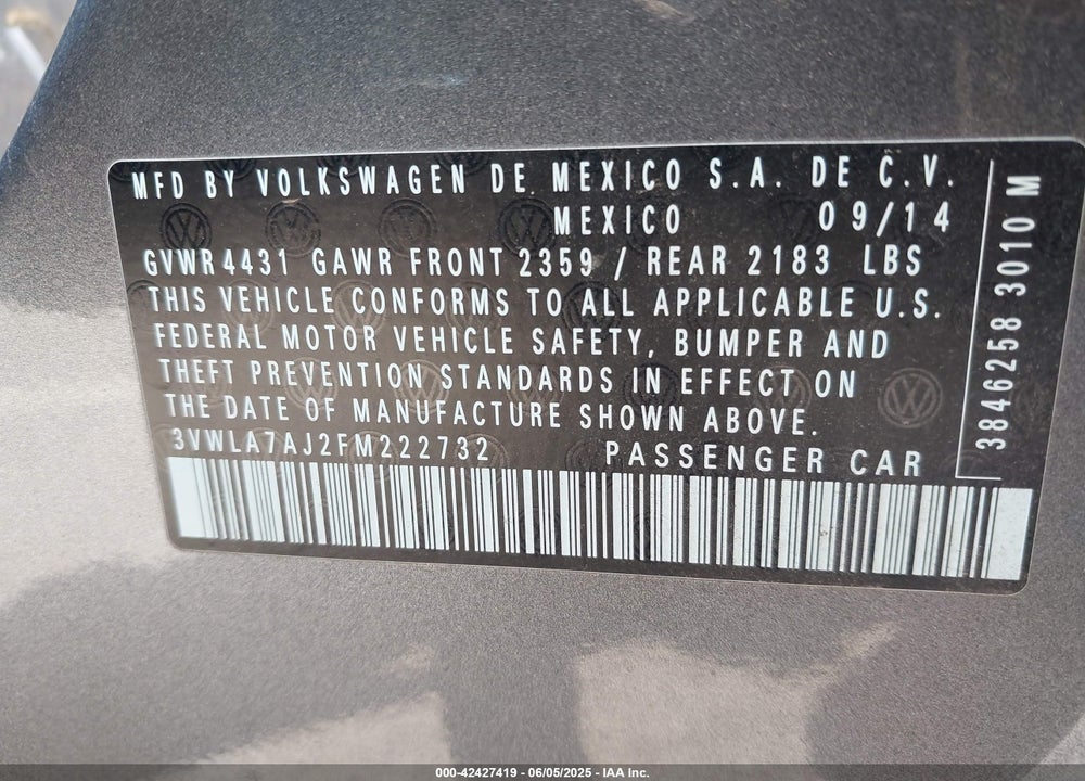 2015 VOLKSWAGEN JETTA VIN: 3VWLA7AJ2FM222732