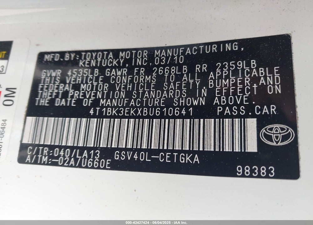 2011 TOYOTA CAMRY VIN: 4T1BK3EKXBU610641