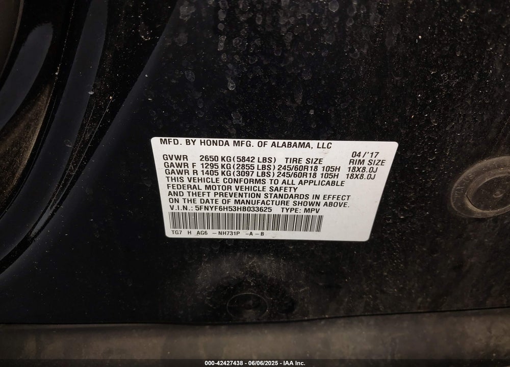2017 HONDA PILOT VIN: 5FNYF6H53HB033625