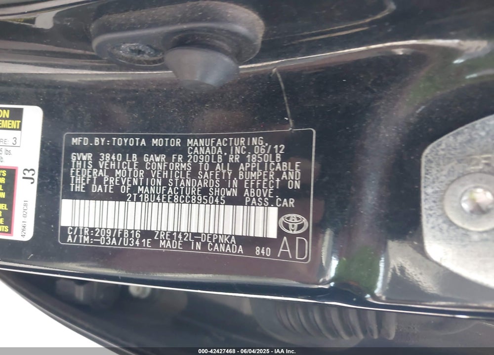 2012 TOYOTA COROLLA VIN: 2T1BU4EE8CC895045