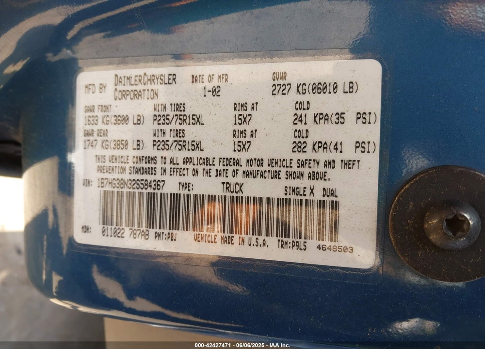 2002 DODGE DAKOTA SPORT VIN: 1B7HG38N32S584367