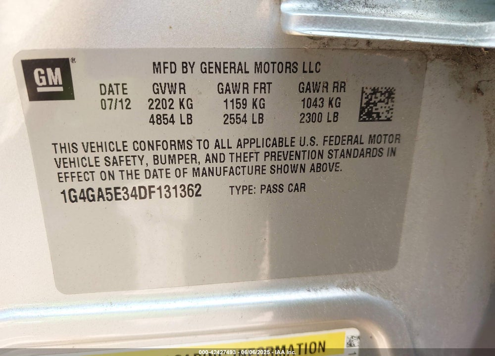 2013 BUICK LACROSSE VIN: 1G4GA5E34DF131362