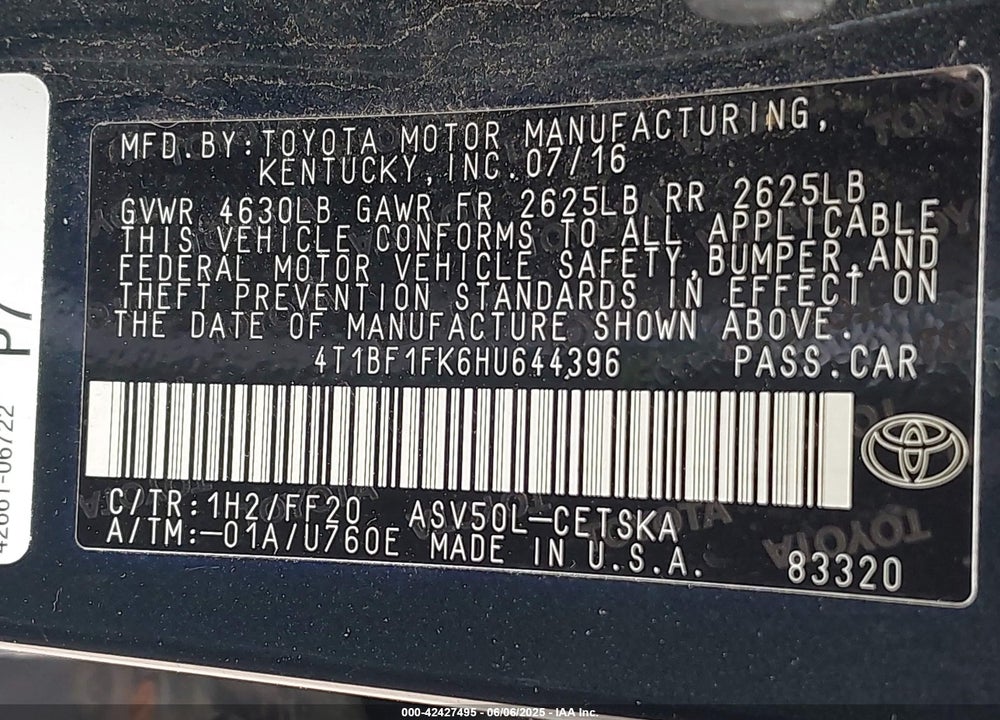 2017 TOYOTA CAMRY VIN: 4T1BF1FK6HU644396