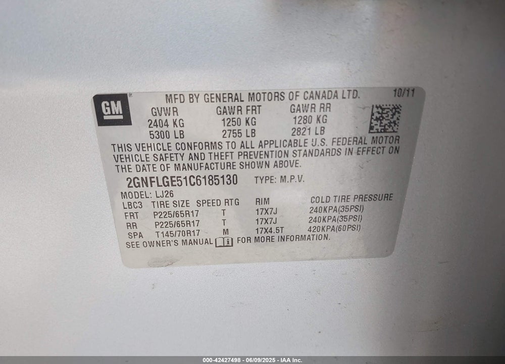 2012 CHEVROLET EQUINOX VIN: 2GNFLGE51C6185130