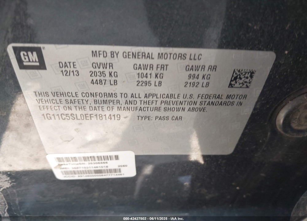 2014 CHEVROLET MALIBU VIN: 1G11C5SL0EF181419