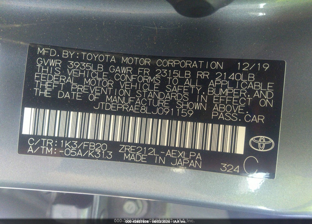2020 TOYOTA COROLLA VIN: JTDEPRAE8LJ091159