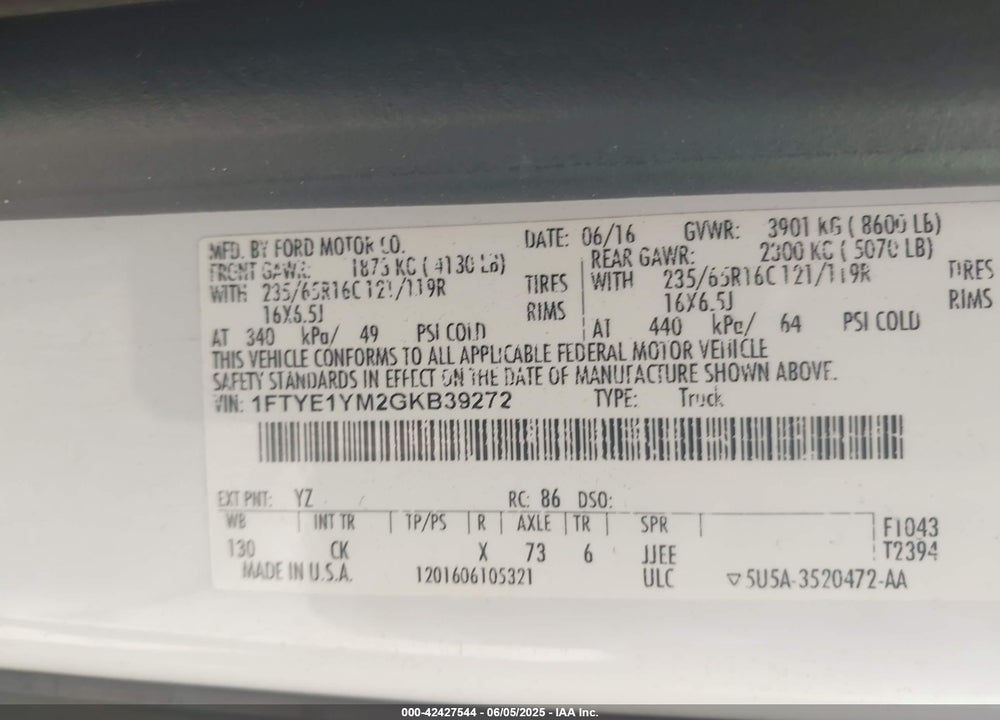 2016 FORD TRANSIT-150 VIN: 1FTYE1YM2GKB39272