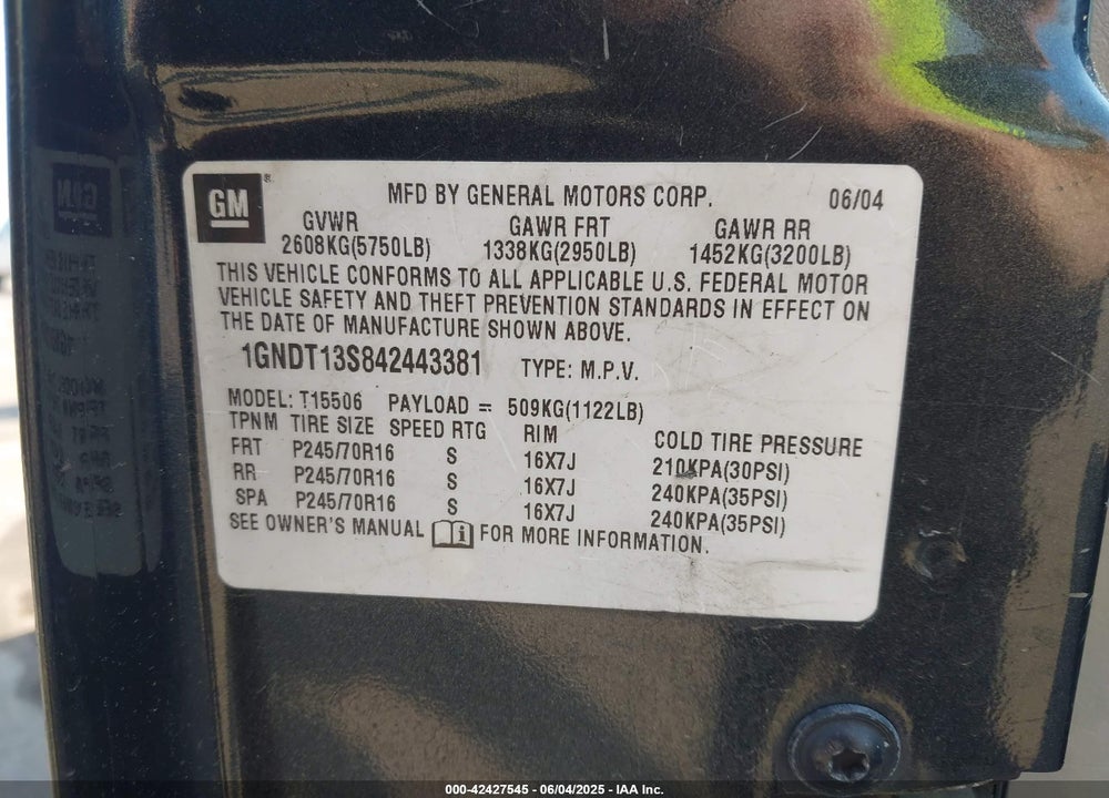 2004 CHEVROLET TRAILBLAZER LS VIN: 1GNDT13S842443381