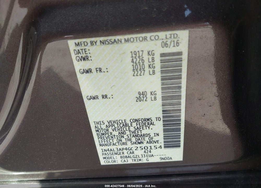 2016 NISSAN ALTIMA VIN: 1N4AL3AP4GC250154