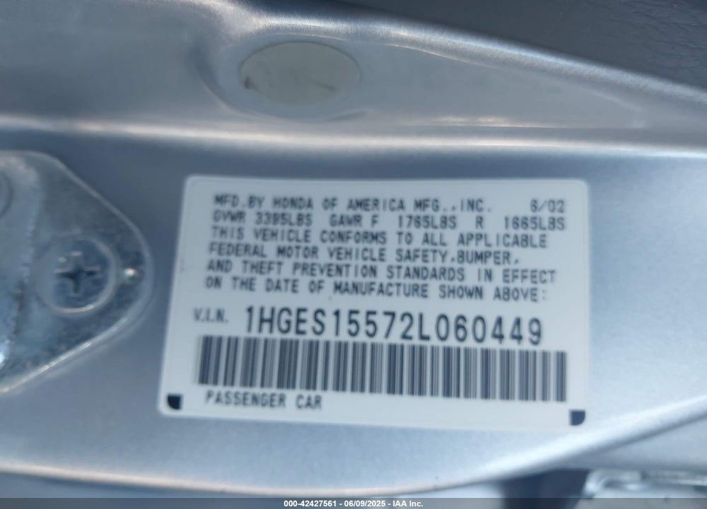 2002 HONDA CIVIC VIN: 1HGES15572L060449