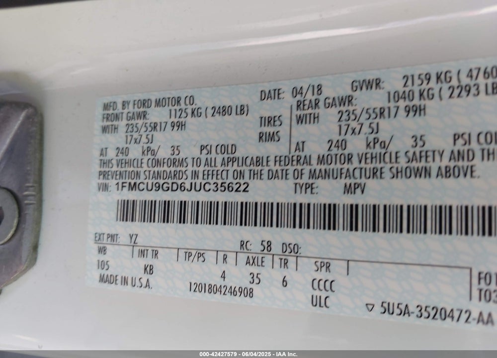 2018 FORD ESCAPE VIN: 1FMCU9GD6JUC35622