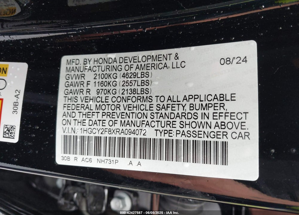 2024 HONDA ACCORD VIN: 1HGCY2F8XRA094072