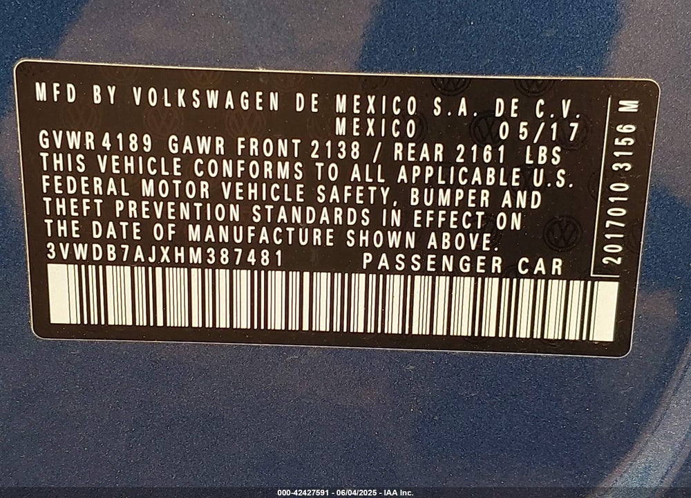 2017 VOLKSWAGEN JETTA VIN: 3VWDB7AJXHM387481