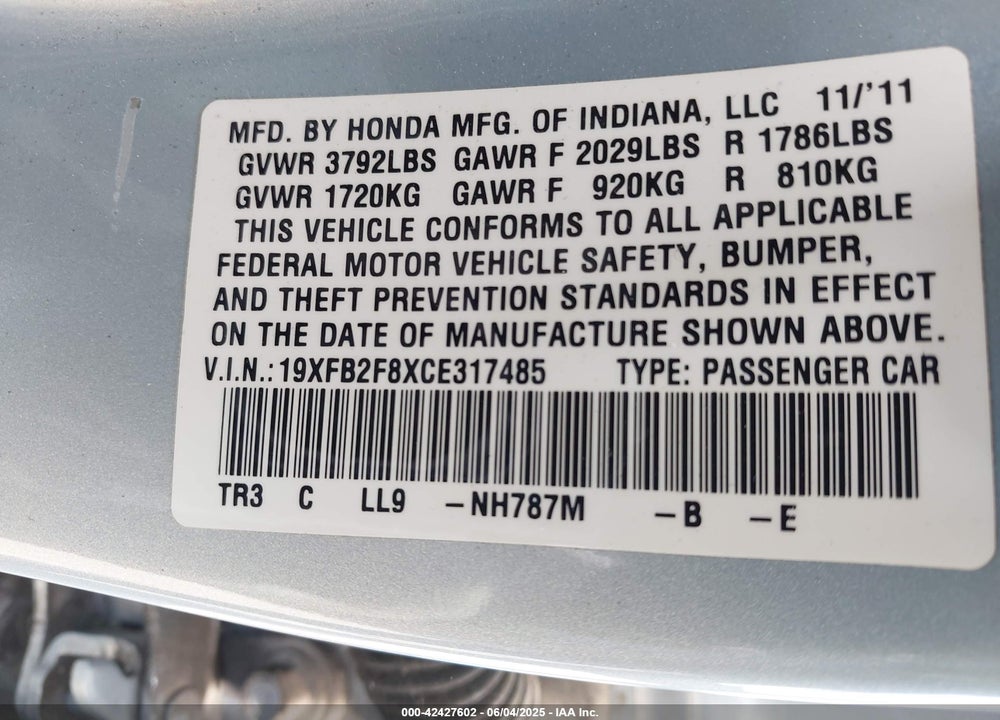 2012 HONDA CIVIC VIN: 19XFB2F8XCE317485