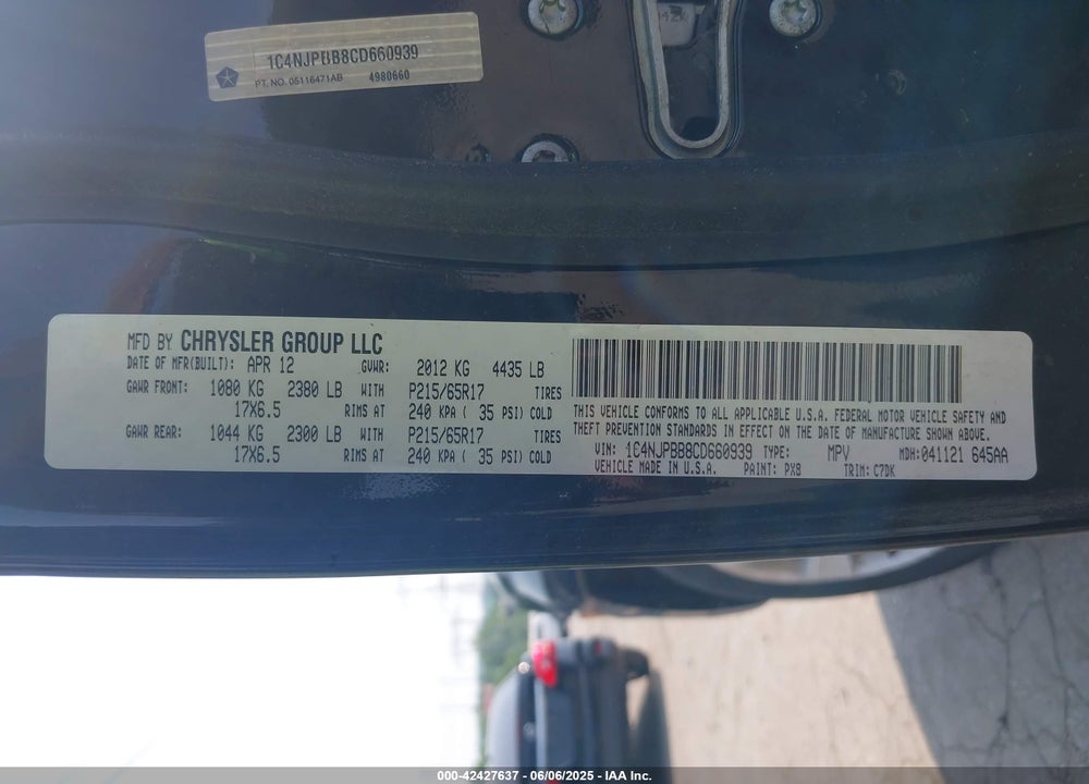 2012 JEEP PATRIOT VIN: 1C4NJPBB8CD660939